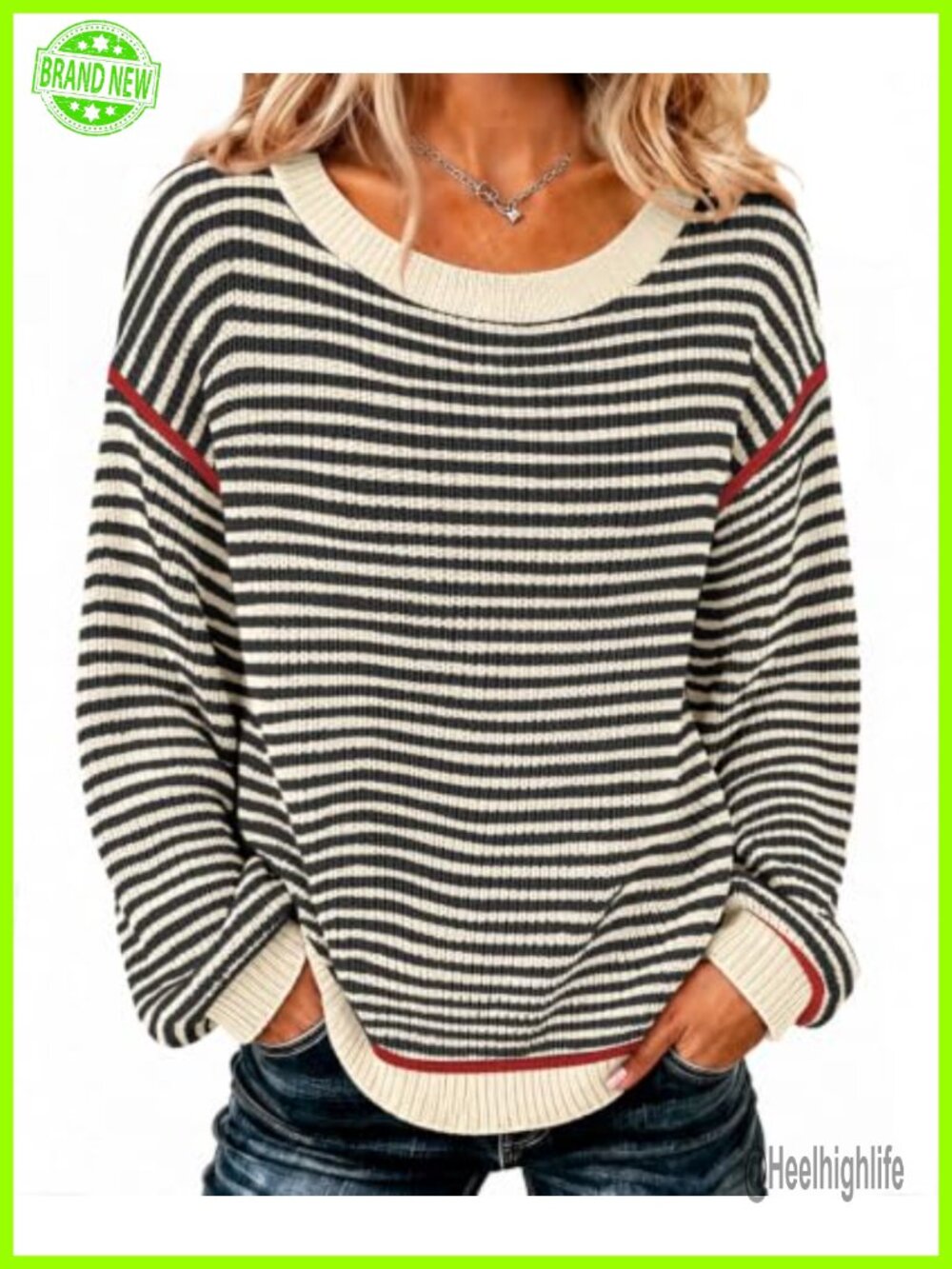 Womens Oversized Striped Pullover Sweater Off Shoulder Soft Knit Long Sleeve